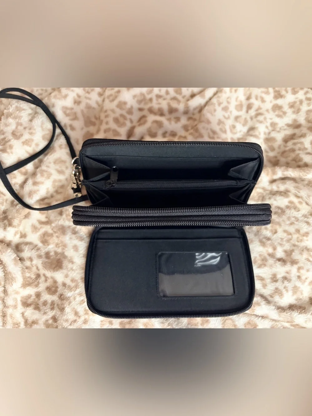 Classic Black Double-Zip Wallet w. Strap | EUC | Two Interior Compartments